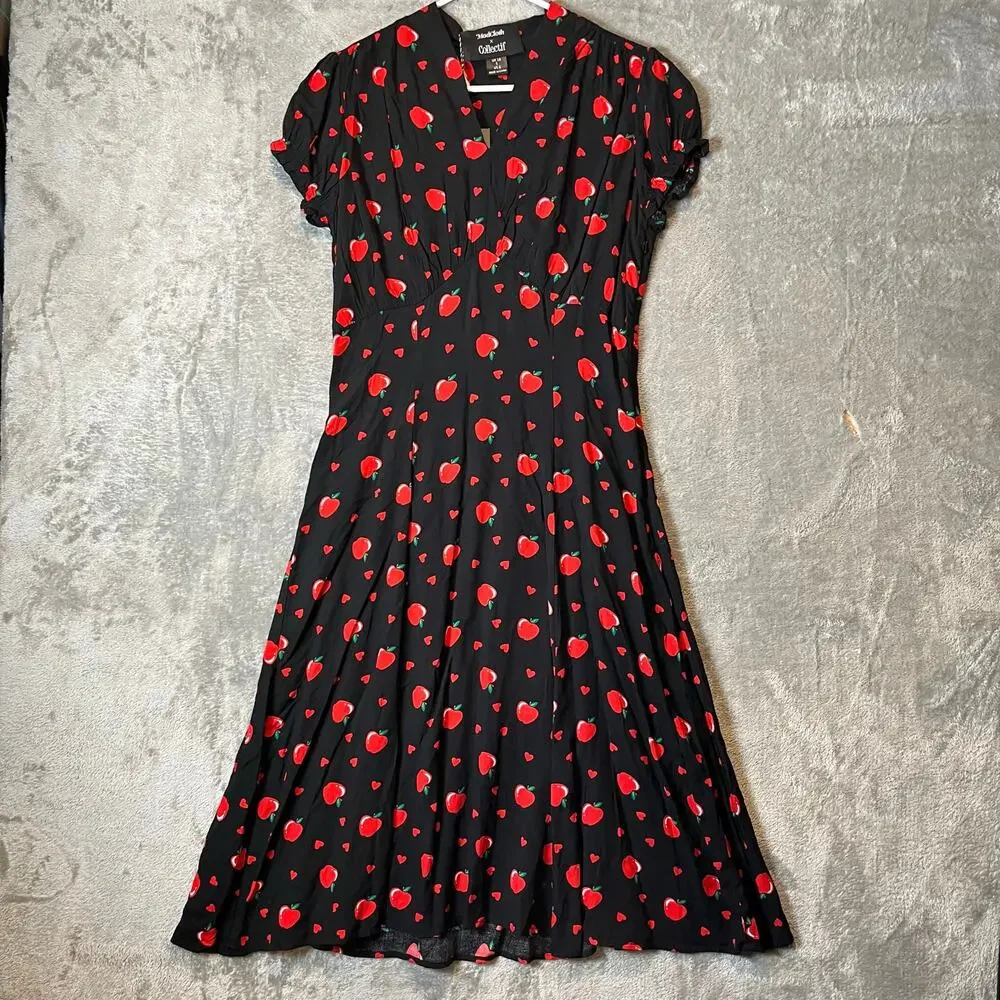Modcloth X Collectif Gwendolyn Love Apples Tea Dress Size Small Black Red New - Picture 1 of 9